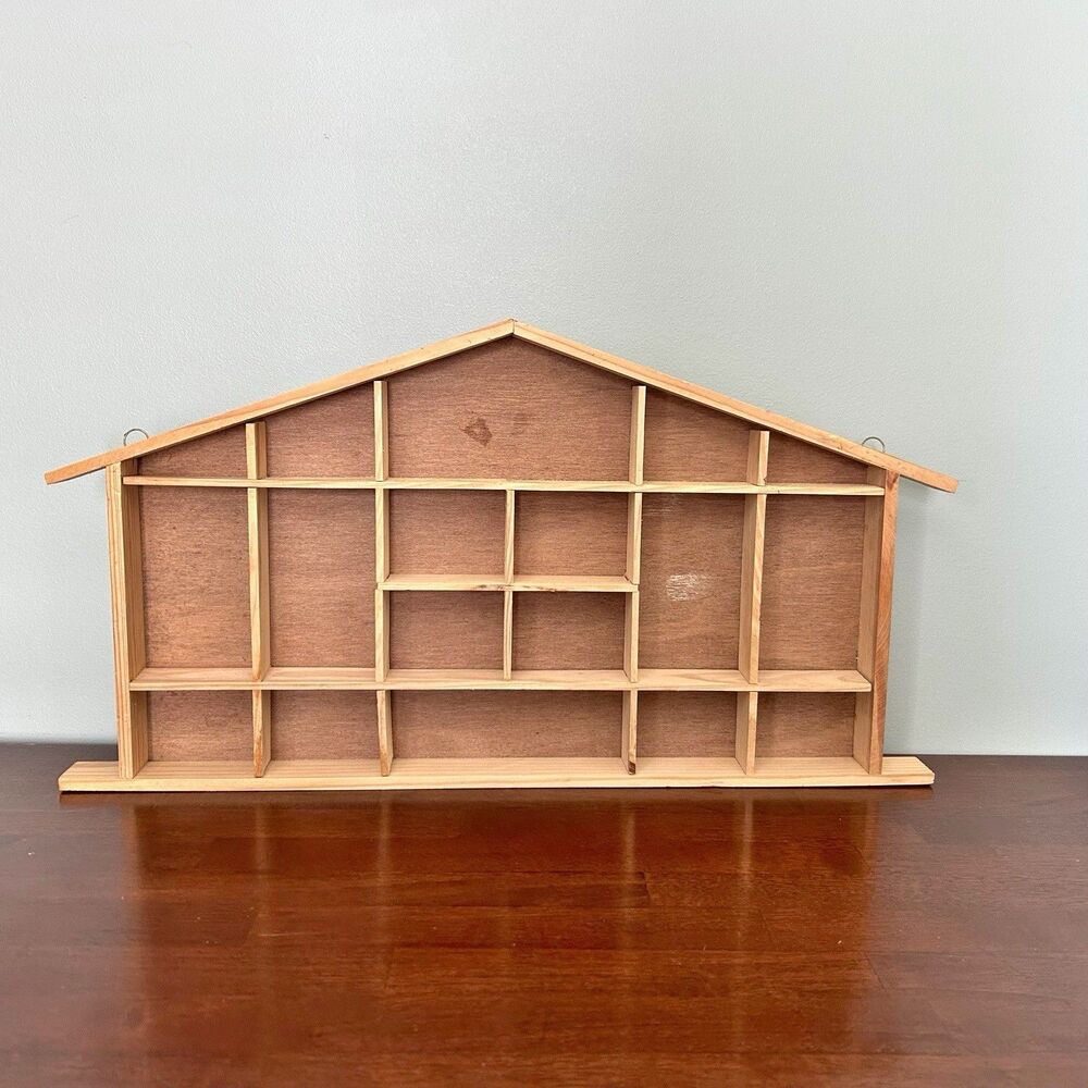 Vintage Wooden House Shaped Display Trinket Shelf 18 Compartments 22”x12”